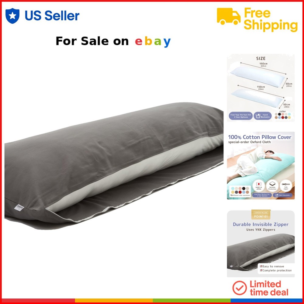 Japanese Gray Cotton Body Pillow Cover with Zipper 63x20 Inches