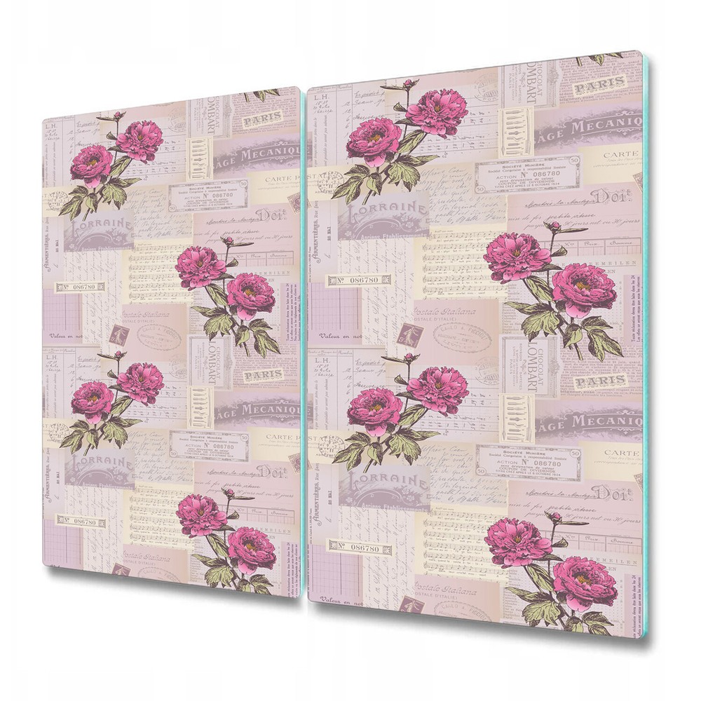 Tempered Glass Chopping Board Peonies paper collage pink and green 2x30x52