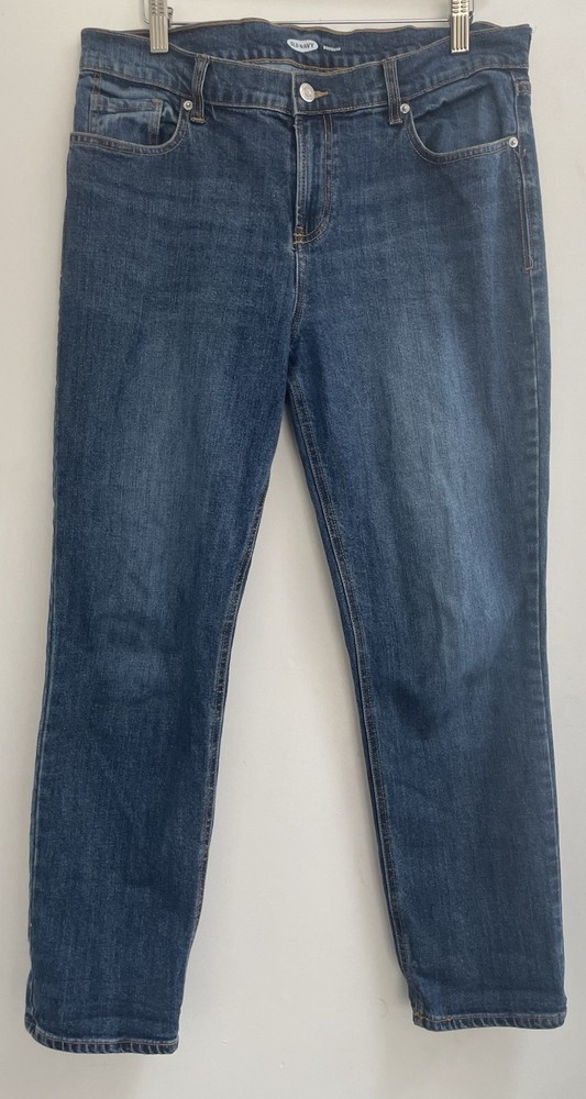 Old Navy Women's Boyfriend Straight Mid Rise Cotton Blend Zip Jeans Base Blue 10