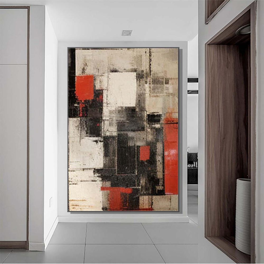 Red Hand-Painted Modern Abstract Oil Painting On Canvas Living Room Black Art