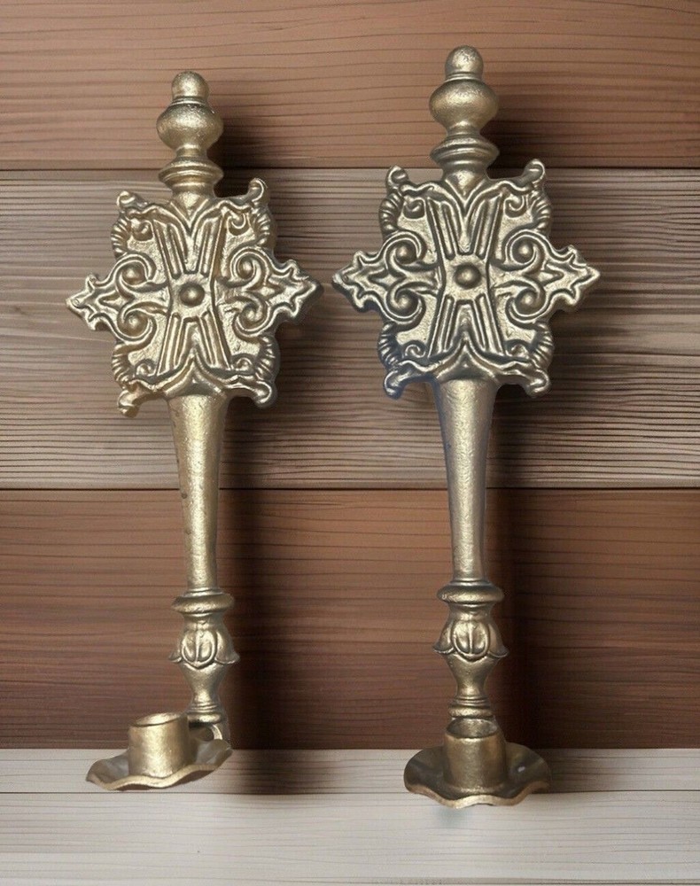 HODA Wall Sconce Pair Taper Candle Holder Ornate Gold Gilt Metal Vintage Gothic