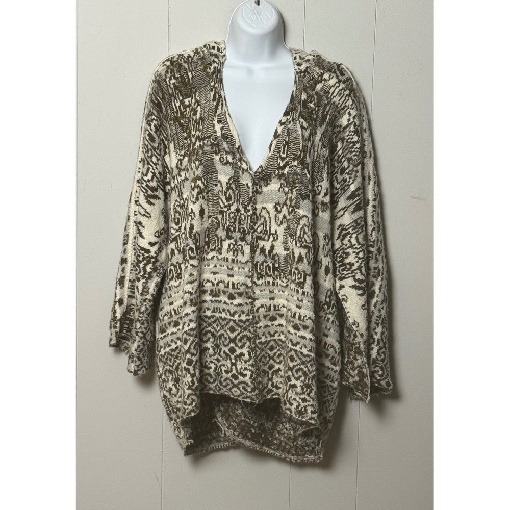 Free People Hooded Knit Sweater Olive Green Cream Jacquard Wool Alpaca Blend Med