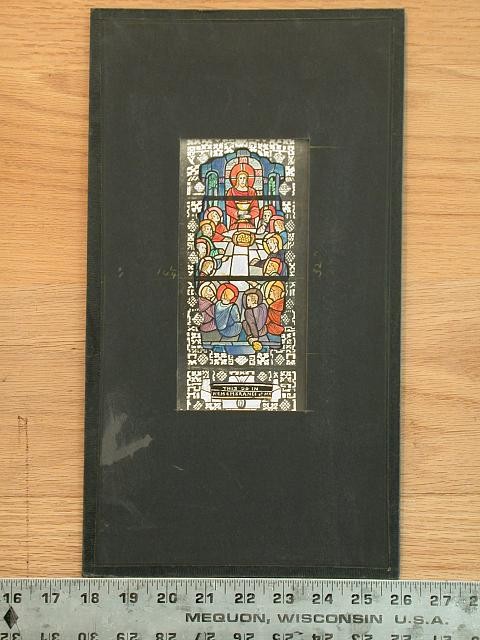 Design drawing for stained glass window with This Do In Remembrance of Me and