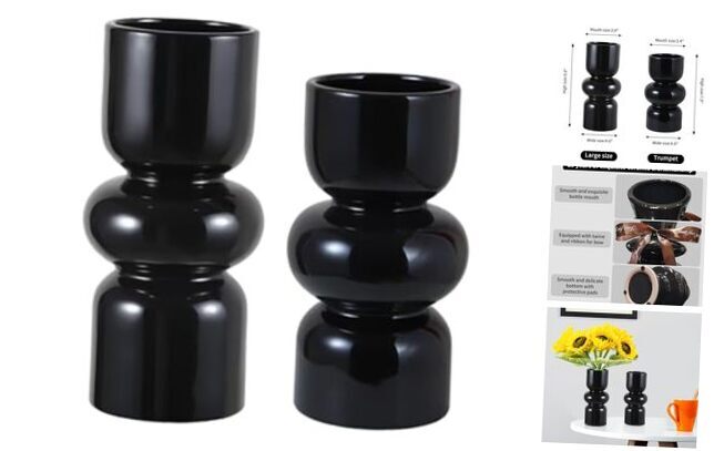 Ceramic Vases for Home Decor Set of 2 Flower Vases for Centerpiece Dd-black