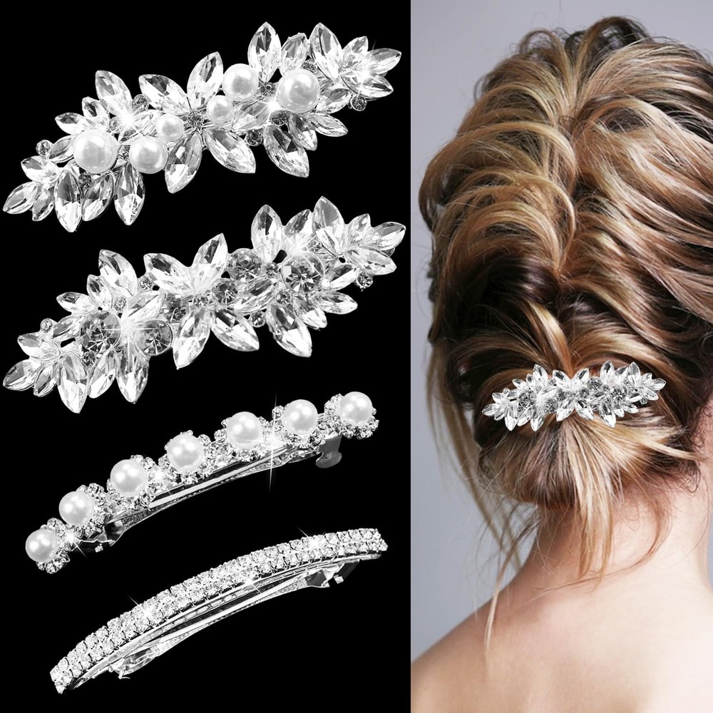 4PCS Rhinestone Bridal Hair Clips Crystal Wedding Barrettes for Women