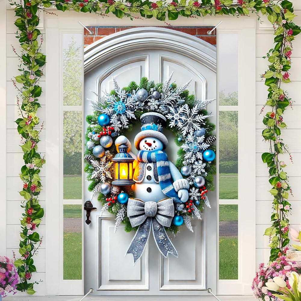 Snowman Lantern Door Cover 71X35 Inch Christmas Banner for Front Door Outdoor In