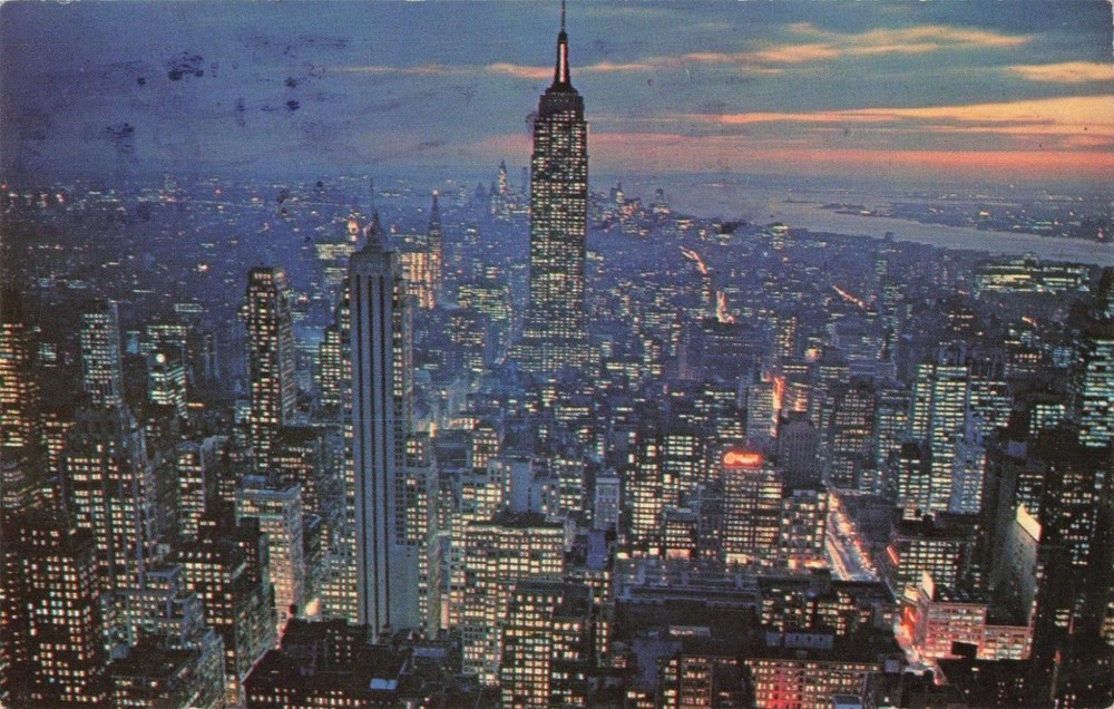 New York City NY, Empire State Building Skyline Dusk Lights, Vintage Postcard