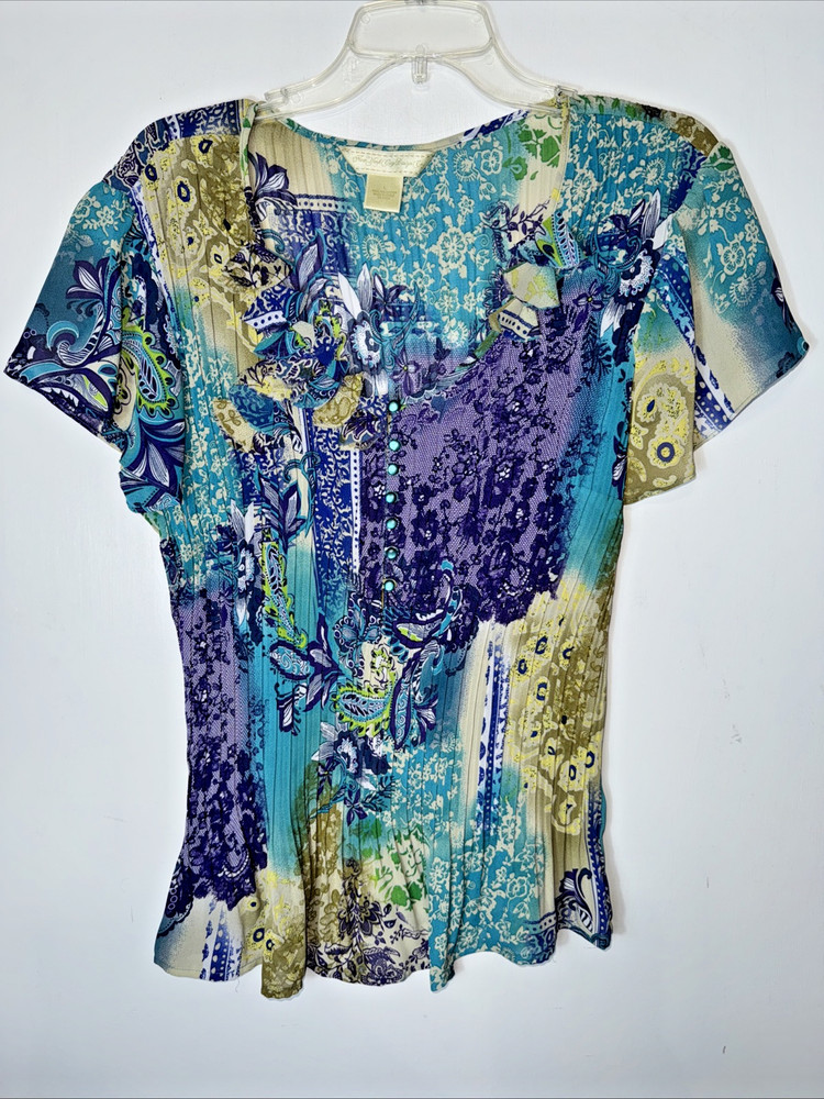 New York City Design Co Top Womens Large Blouse Floral Garden Party Pleat Sheer