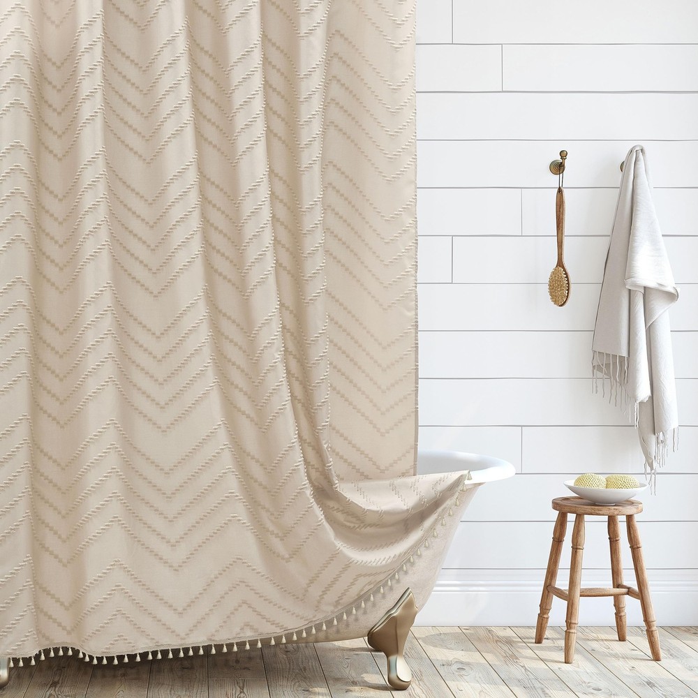 Boho Farmhouse Shower Curtain Woven Fabric Cute Beige Shower Curtain, 72 x 72...