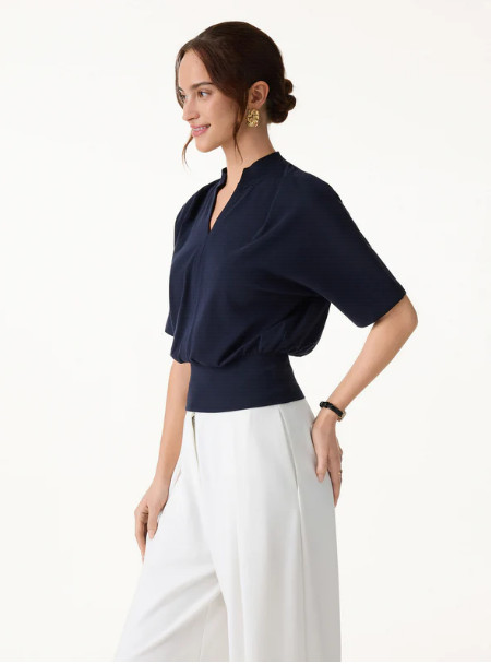 OGL Stand Collar V-Neck Short Sleeve Top - Navy