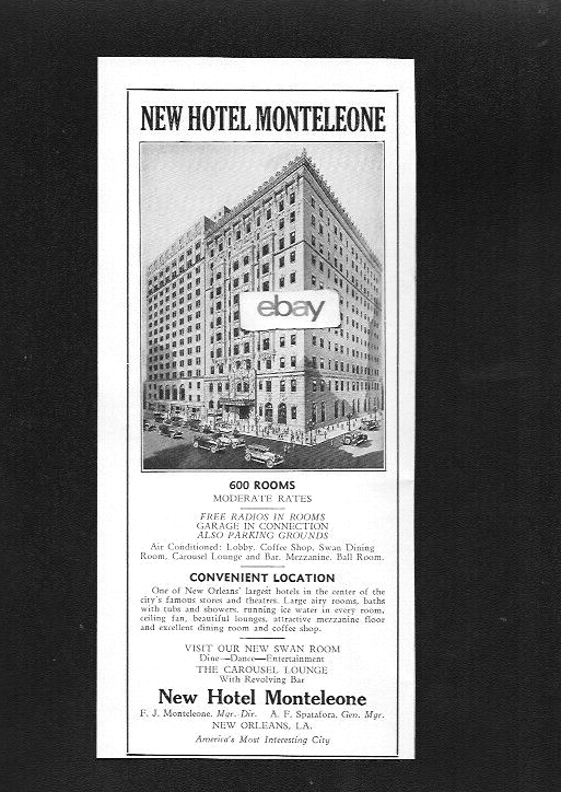 MONTELEONE HOTEL NEW ORLEANS 600 ROOMS CAROUSEL LOUNGE & SWAN ROOM 1951 AD