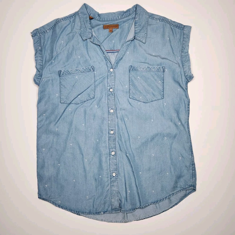 Jachs Girlfriend Top Womens M Blue Tropical Palm Print Button Sleeveless Lyocell