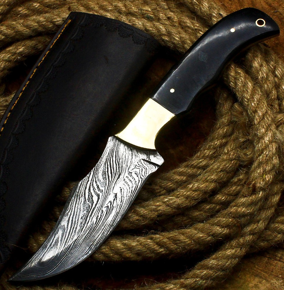 AB Handmade Damascus Custom BULL HORN Large Hunting Skinner Camping Knife