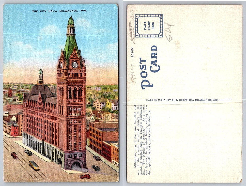 Milwaukee City Hall Wisconsin Postcard E.C. Kropp Co. Vintage Architecture