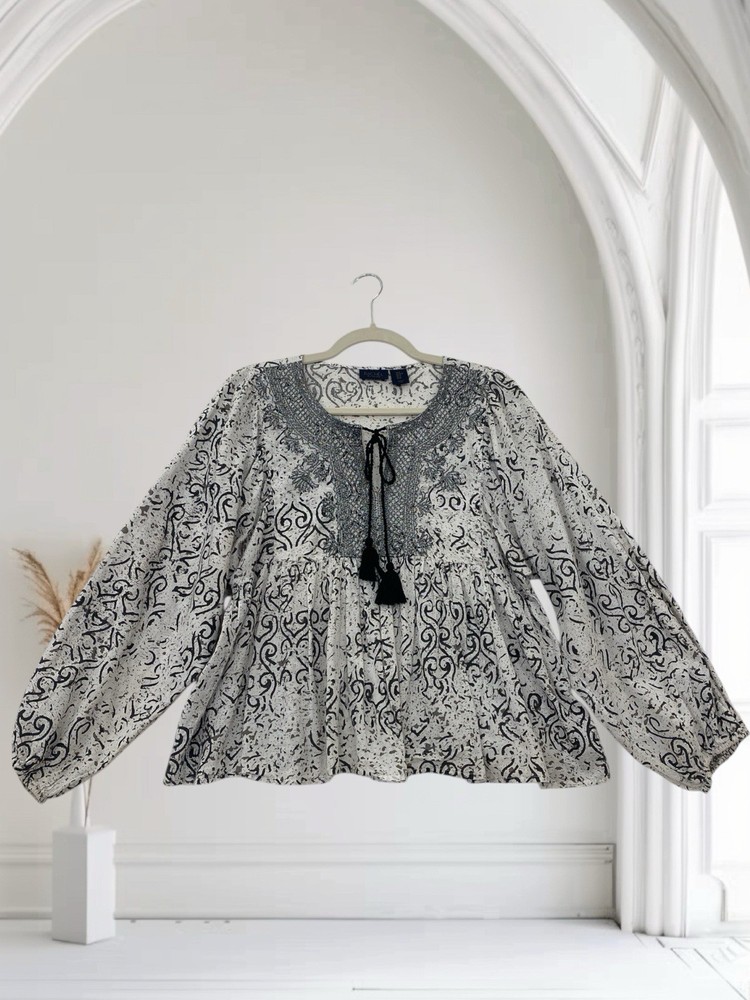 Rachel Roy Womens Metallic Embroidered Balloon Sleeve Top Size Medium Boho Chic
