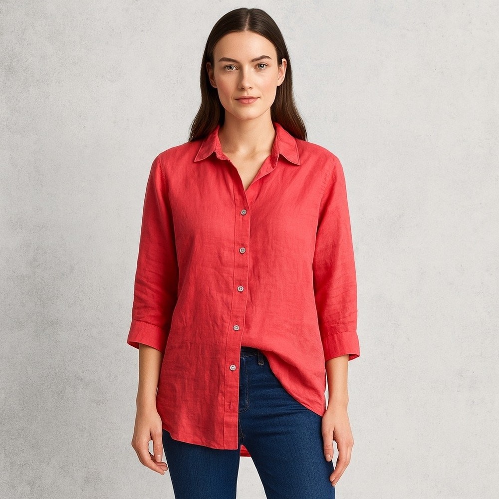 Chico’s Coral Linen Button Front Blouse 3/4 Sleeve Relaxed Fit Size 1 M