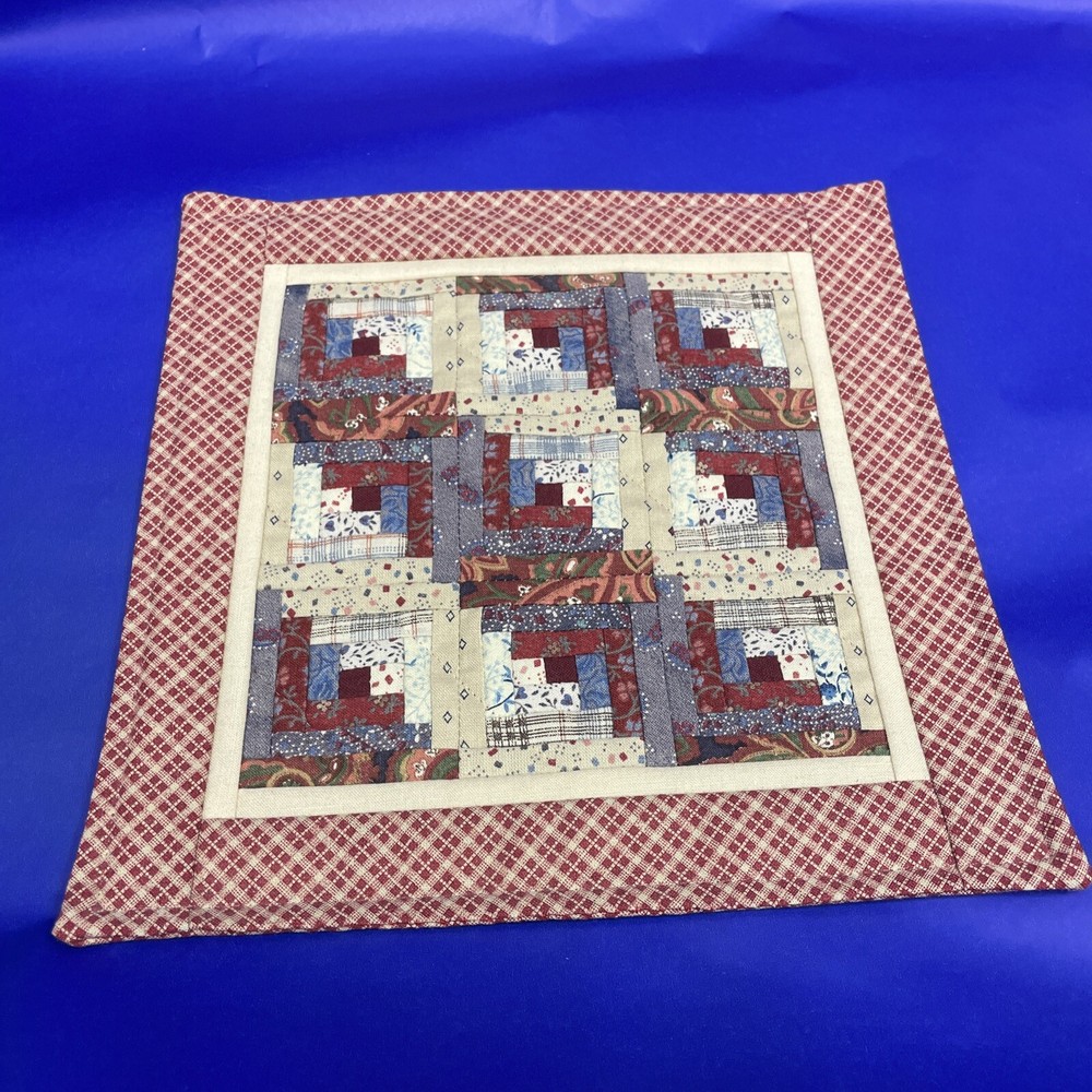 Hand Quilted table topper or Wall decoration 8x8 Red Blue and tan