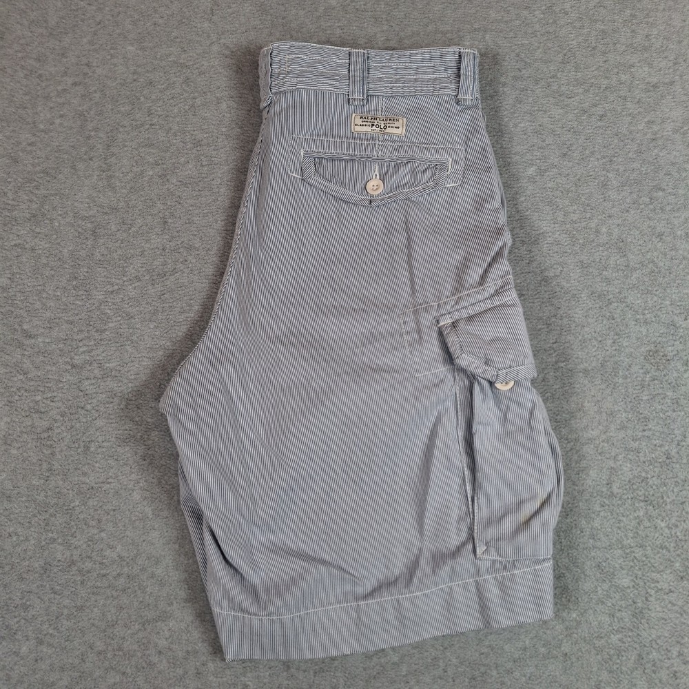 Polo Ralph Lauren Seersucker Cargo Shorts Men 34 Blue White Hickory Stripe STAIN