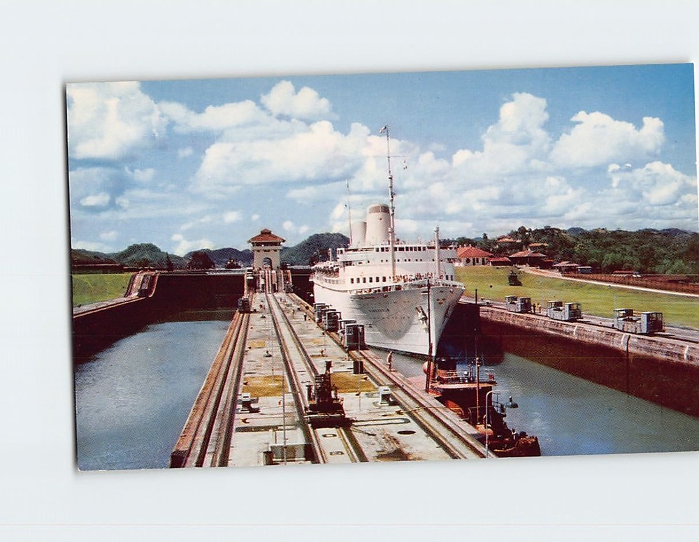 Postcard SS Kungsholm Passing Miraflores Locks Panama Canal