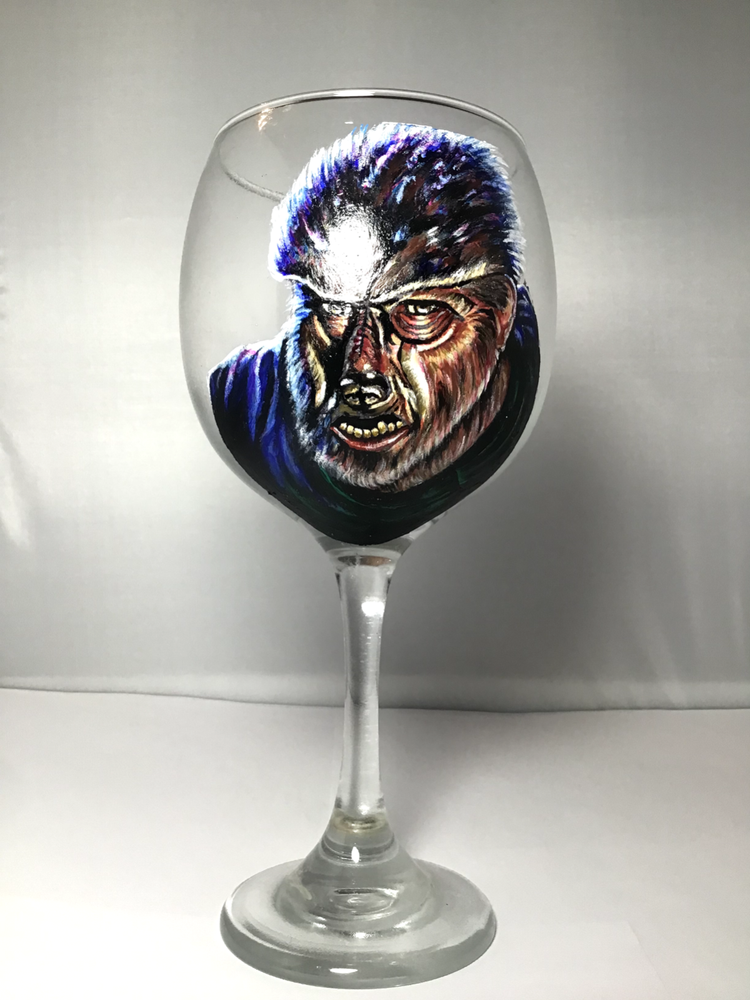The Folf Man Universal studios hand painted wine glass
