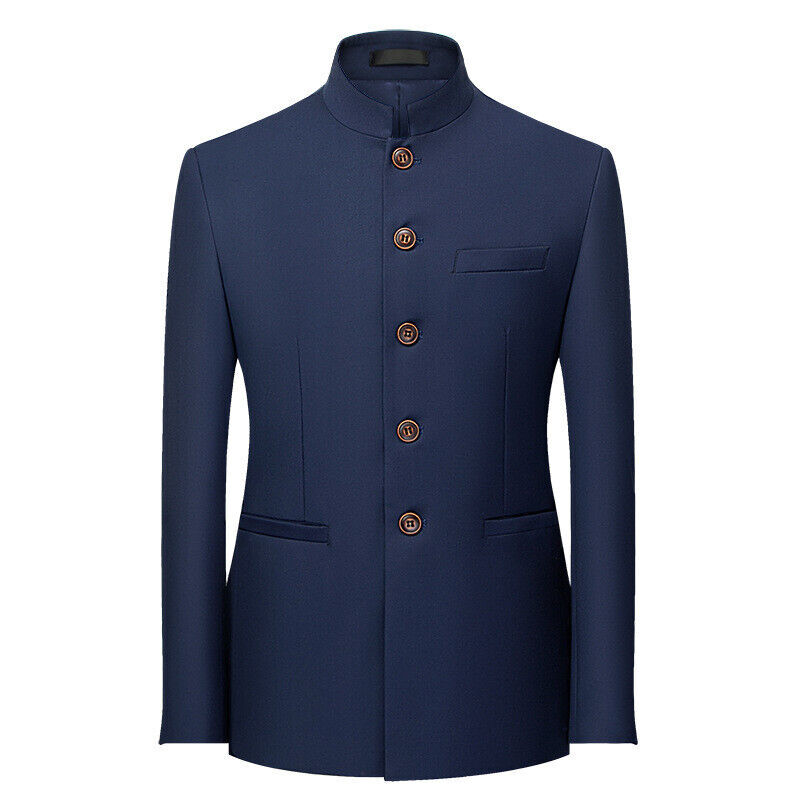 Men Business Stand Collar Suit Slim Fit Blazer Retro Jacket Chinese Tunic Suit