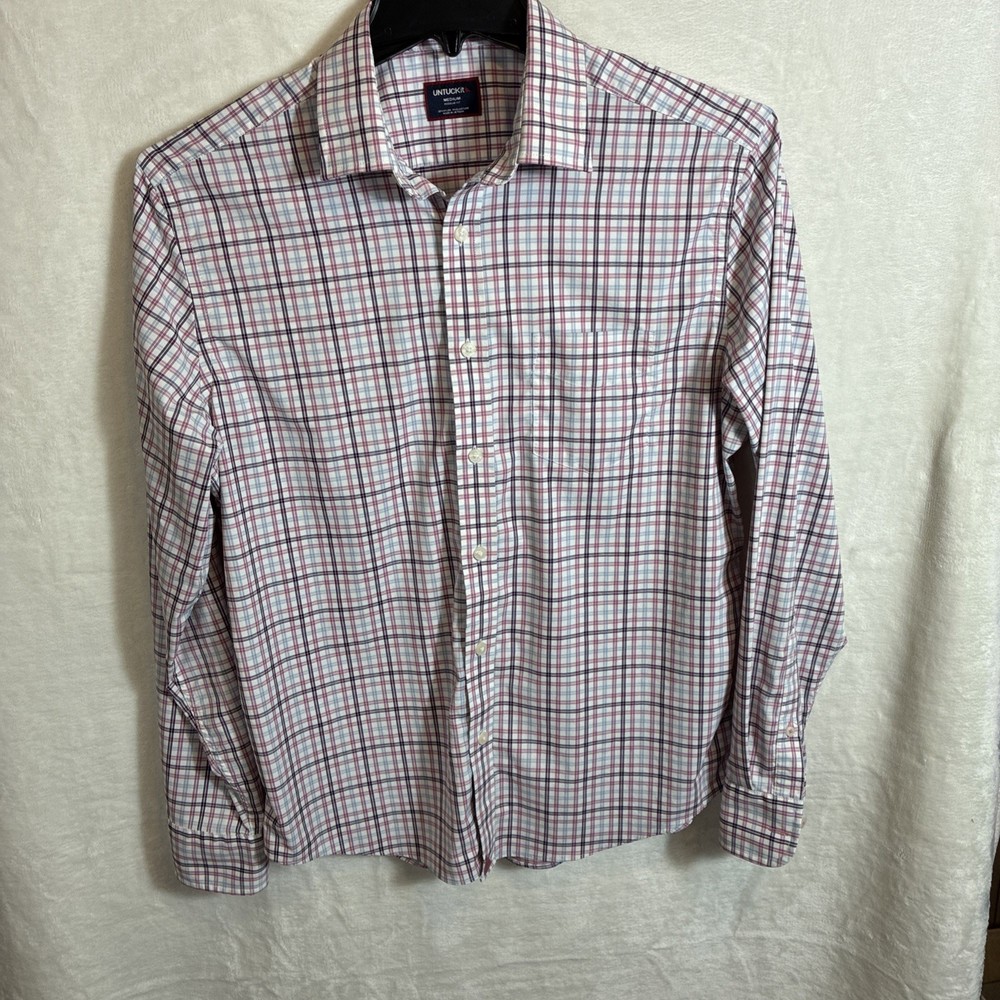 Untuckit RegularFit Shirt Mens Sz M  Plaid Long Sleeve Nylon Button Up EUC