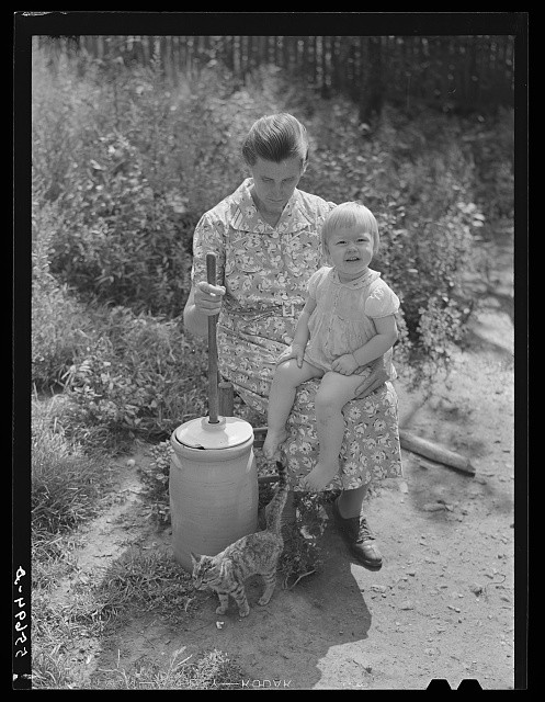Breathitt County Kentucky 1940 Mountain Woman Churning Butter with Child