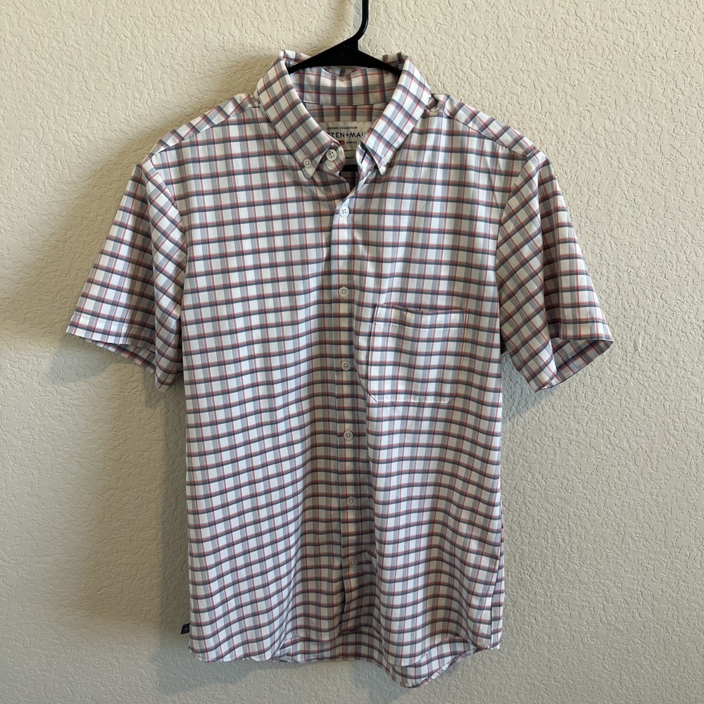 Mizzen Main Performance Leeward Shirt Medium White Plaid Short Sleeve Trim Fit