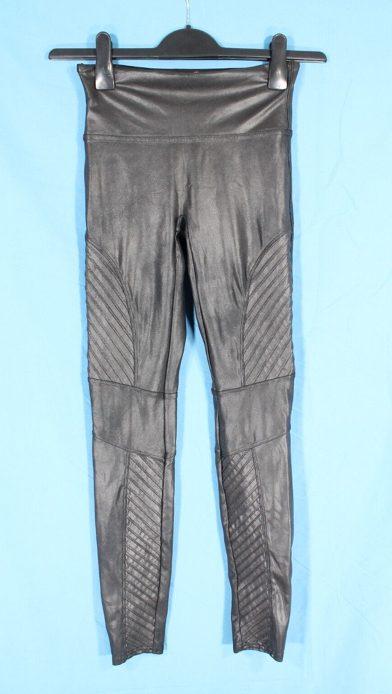 SPANX Black FAUX LEATHER Tummy Control PULL-ON Mid-Rise MOTO LEGGINGS Sz S