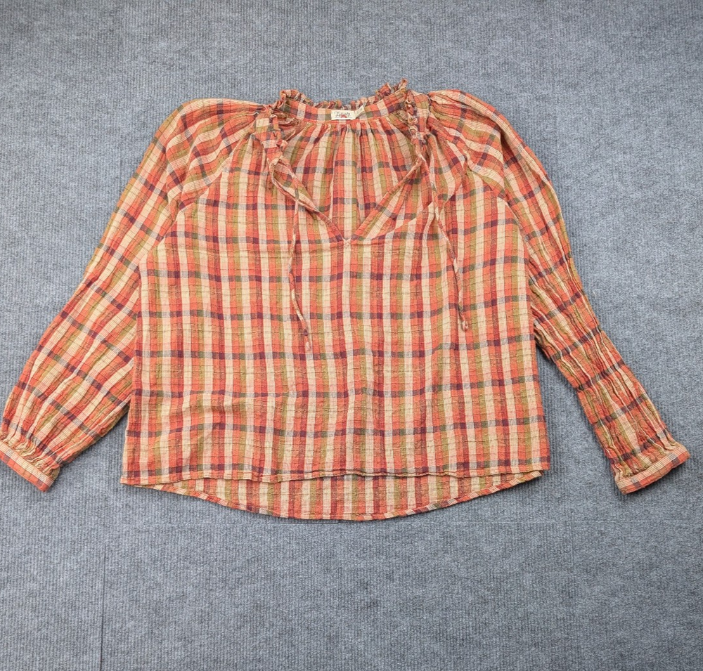 Faherty Annalise Blouse Womens Small Peasant Organic Ginham Sunset Plaid Cottage