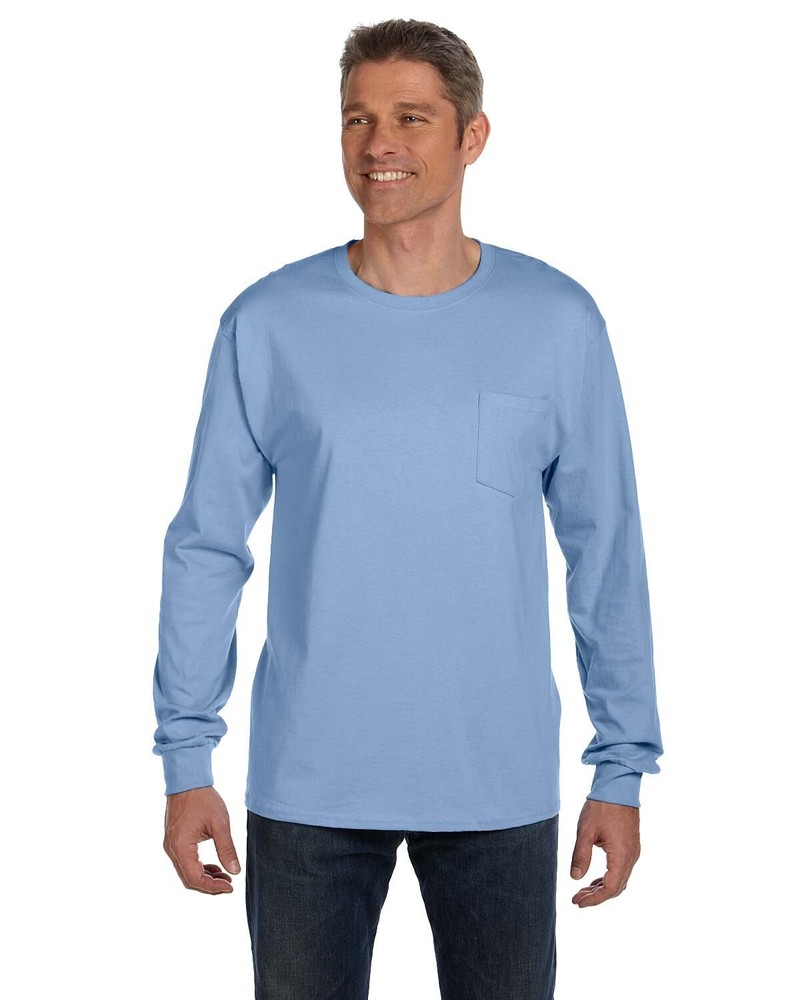 Hanes Men's Authentic Long-Sleeve Pocket T-Shirt 5596 Light Blue Size M