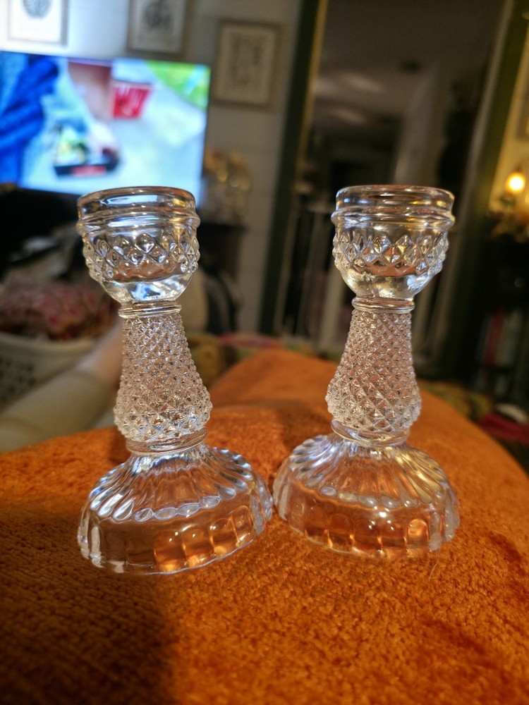 Set Of 2 Vintage Clear Glass Crystal Candle Stick Holders