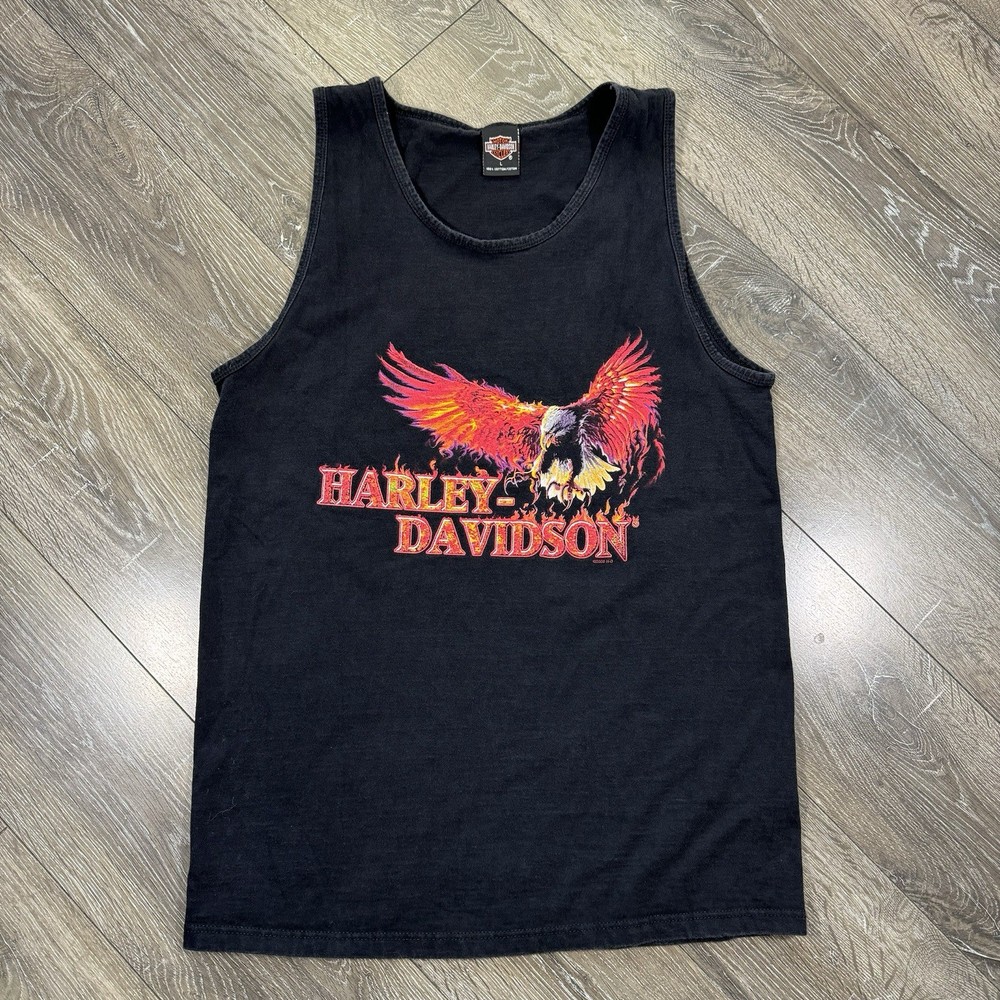 Vintage Harley-Davidson Shirt Mens L Black Eagle Flames Tank Top 2000 Biker