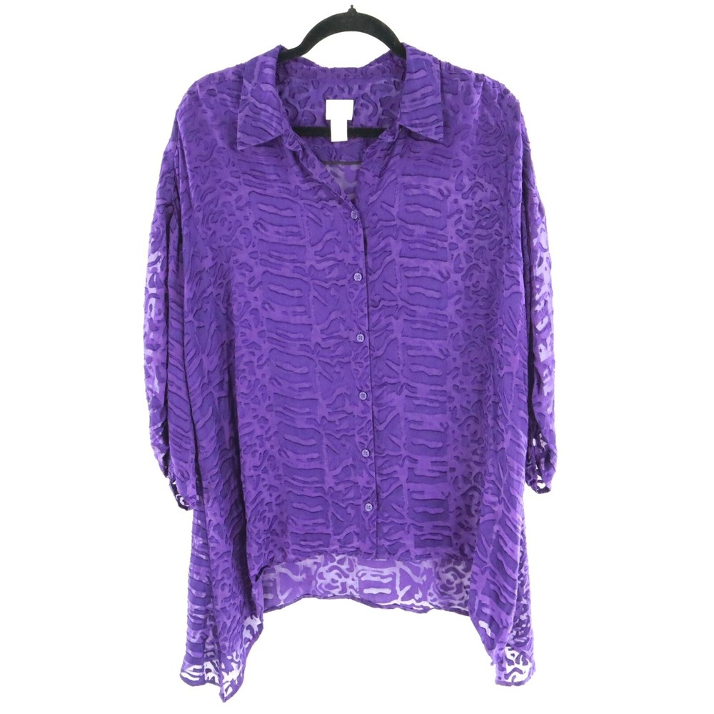 Chico's Silk Top Womens L Purple Artsy Flowy Boho Chic Quiet Luxury Burnout