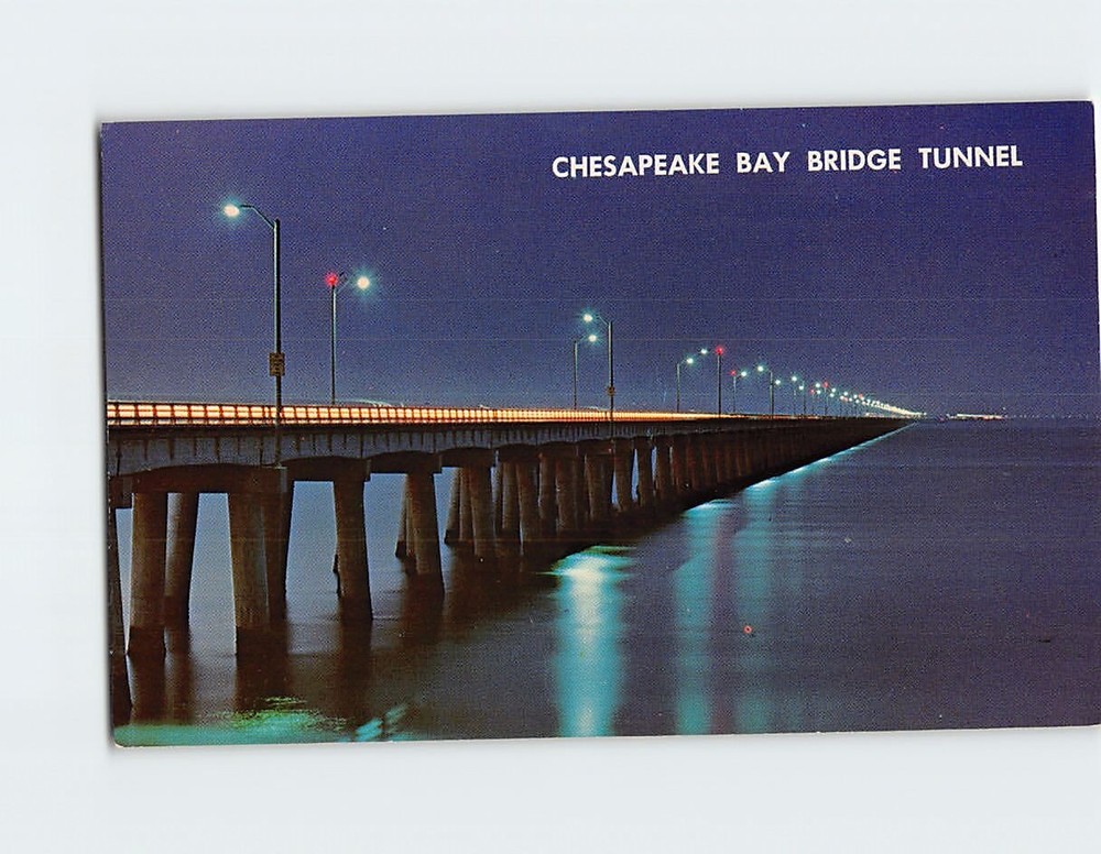 Postcard A night view Chesapeake Bay Bridge Tunnel Virginia USA