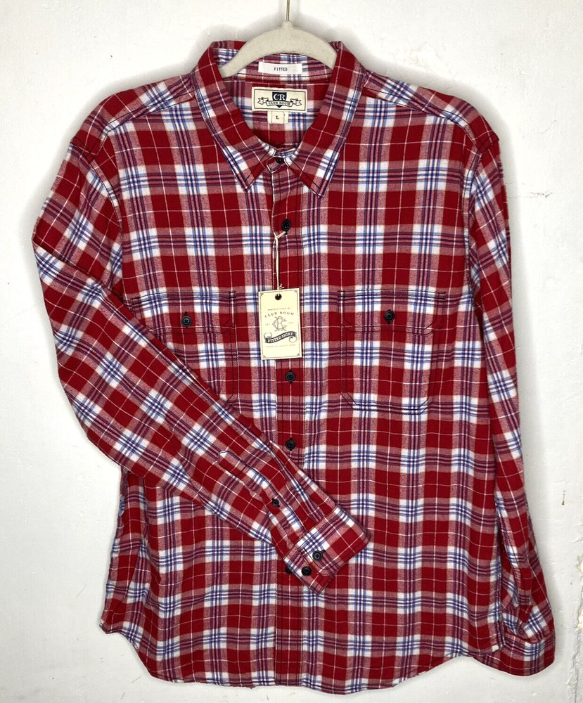 Men's LARGE Red Blue Plaid Shirt Cotton CLUB ROOM NWT Long Sleeve Button Up
