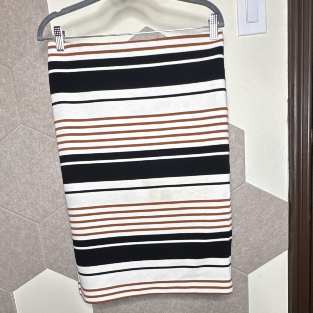 LOFT White Black Brown Striped Pencil Skirt Knee Length Women’s Size M