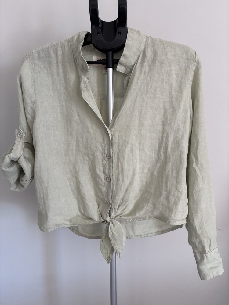 Cloth & Stone Women’s Linen Tie Front Blouse Small Sage Green Roll Tab