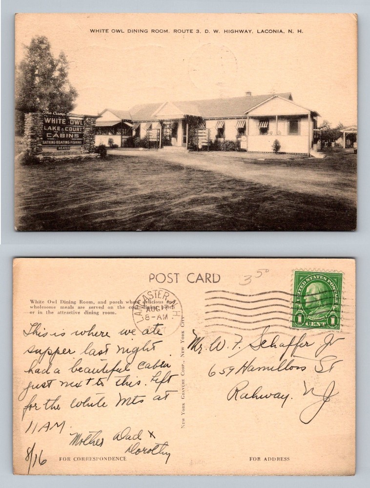 Laconia, NH-New Hampshire, White Owl Dining Room & Lake Cabins Vintage Postcard