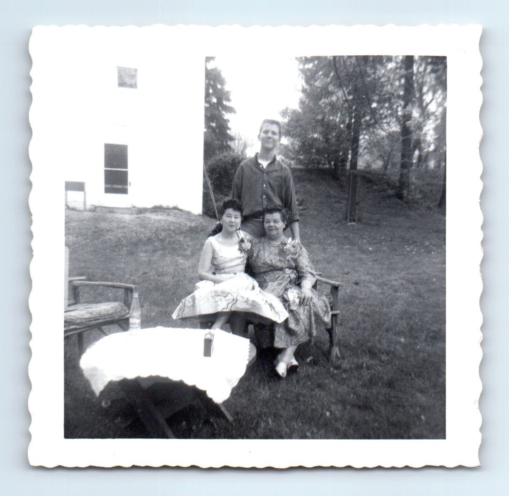 Old Vintage Square Photo TRIO MAN WOMEN IN YARD BY HOUSE SNAPSHOT PICTURE