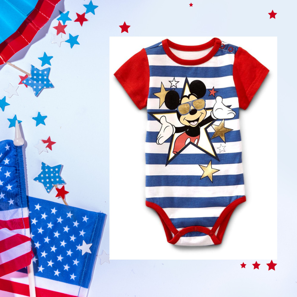 DISNEY Mickey Mouse PATRIOTIC One-Piece SS BODYSUIT (3-6 OR 6-9 months) NEW Tags