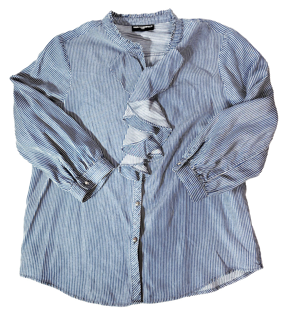 Karl Lagerfeld Shirt Blouse Womens Sz L Ruffled Striped Long Sleeve Button Up