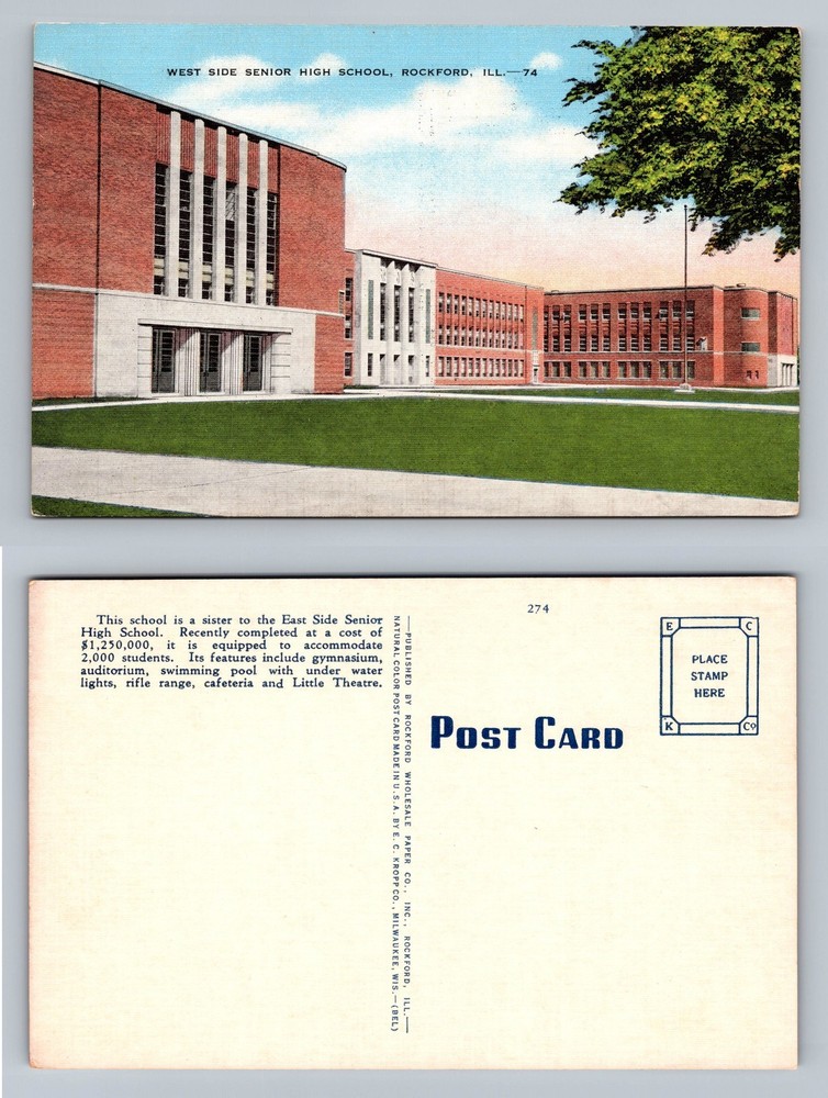 Rockford, IL-Illinois, West Side Senior High School Scene PC Vintage Postcard
