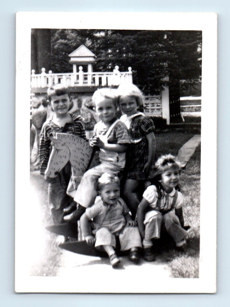 Old Vintage Photo BOYS GIRLS HORSE CUTOUT CHILDREN PLAYING IN YARD SNAPSHOT