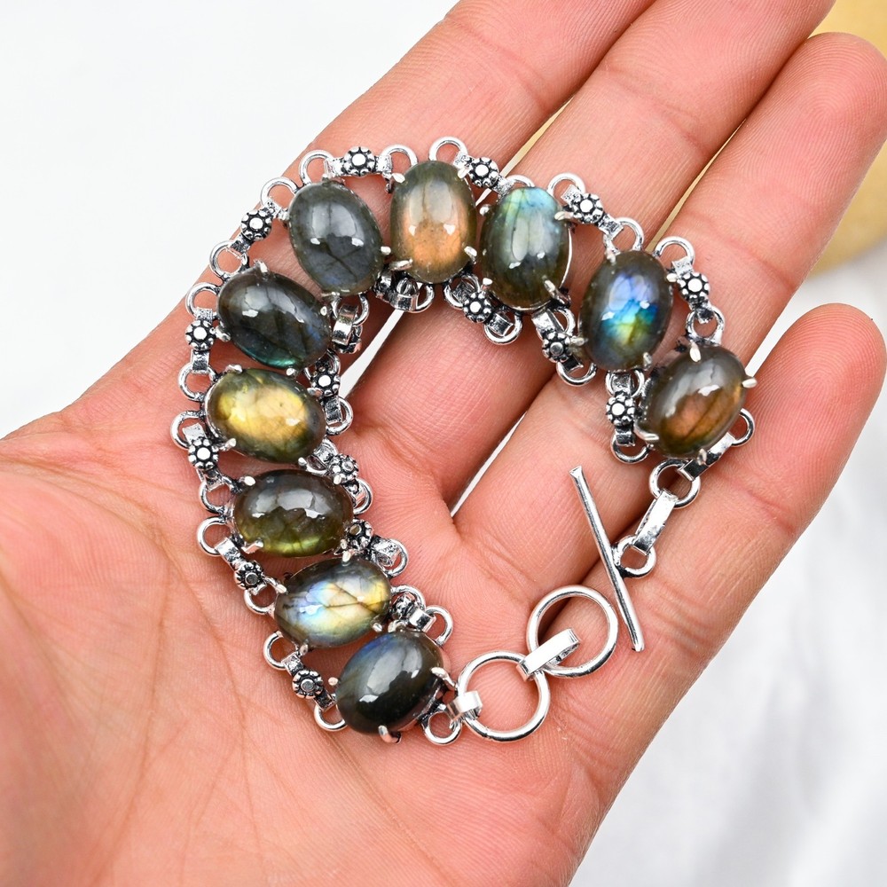 Natural Labradorite Gemstone Handmade 925 Sterling Silver Jewelry Bracelet Gift