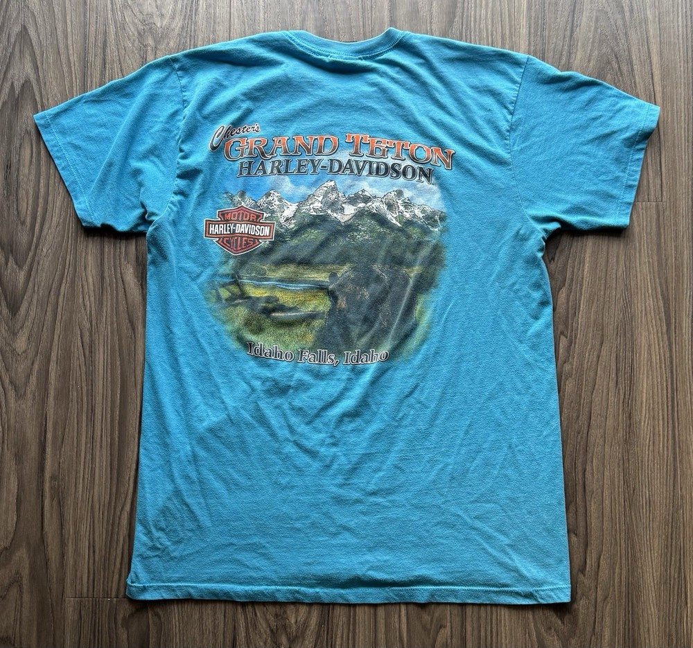 Harley Davidson Grand Teton Idaho Falls Tee Blue Biker Graphic Shirt Size L