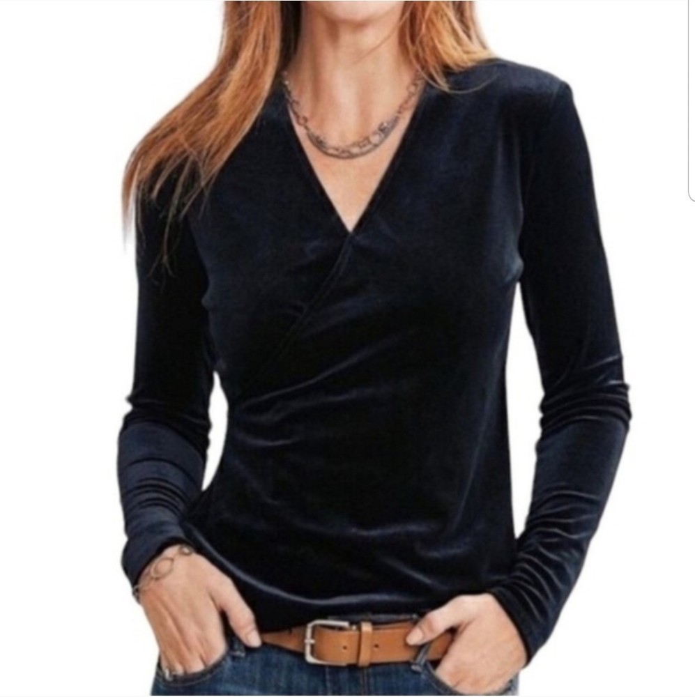 Sundance Black Velvet Faux Wrap Surplice V-Neck Long Sleeve Top Womens Sz Large