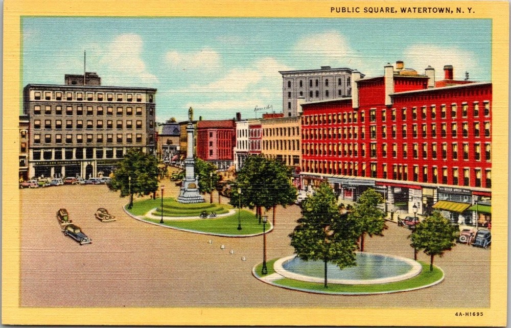 Watertown NY Public Square 1934 Linen Postcard Curteich Vintage Cars
