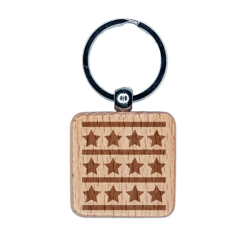 Stars and Stripes Pattern USA Patriotic Engraved Wood Square Keychain Tag Charm