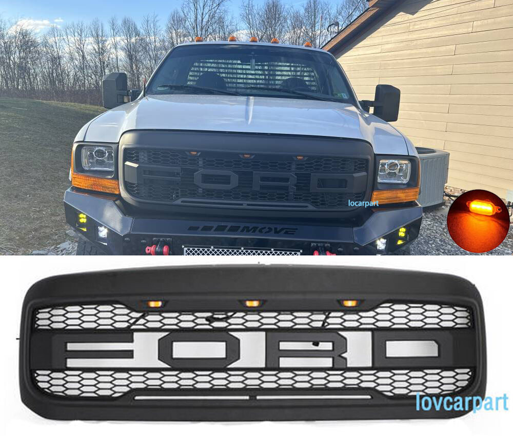 For For-d F250 F350 F450 Grill 1999-2004 Bumper Hood Grille W/LED+Letter Black